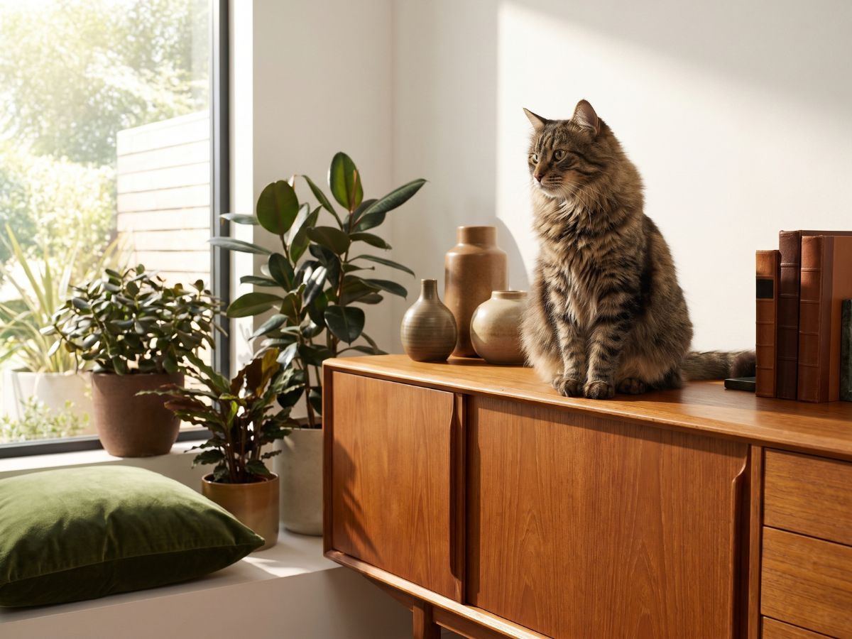 Gato sobre un mueble junto a una ventana