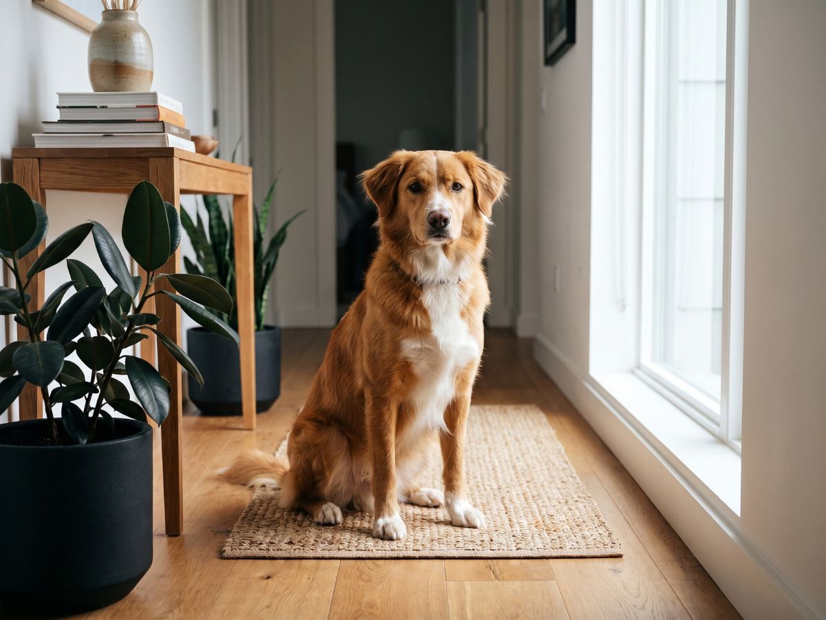 Perro sentado junto a una ventana en casa