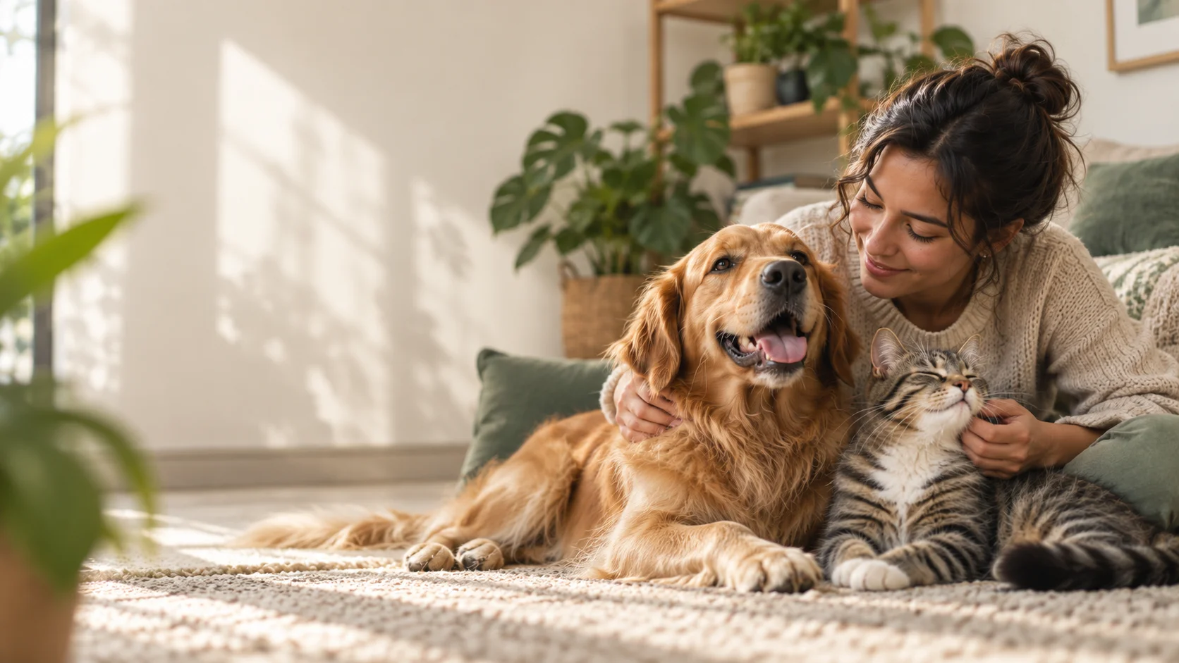 Cuidadora en un hogar cálido junto a un perro y un gato